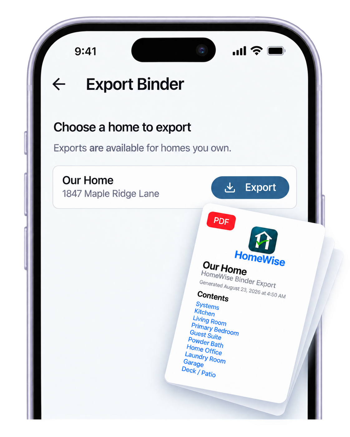 HomeWise export binder screen with binder preview