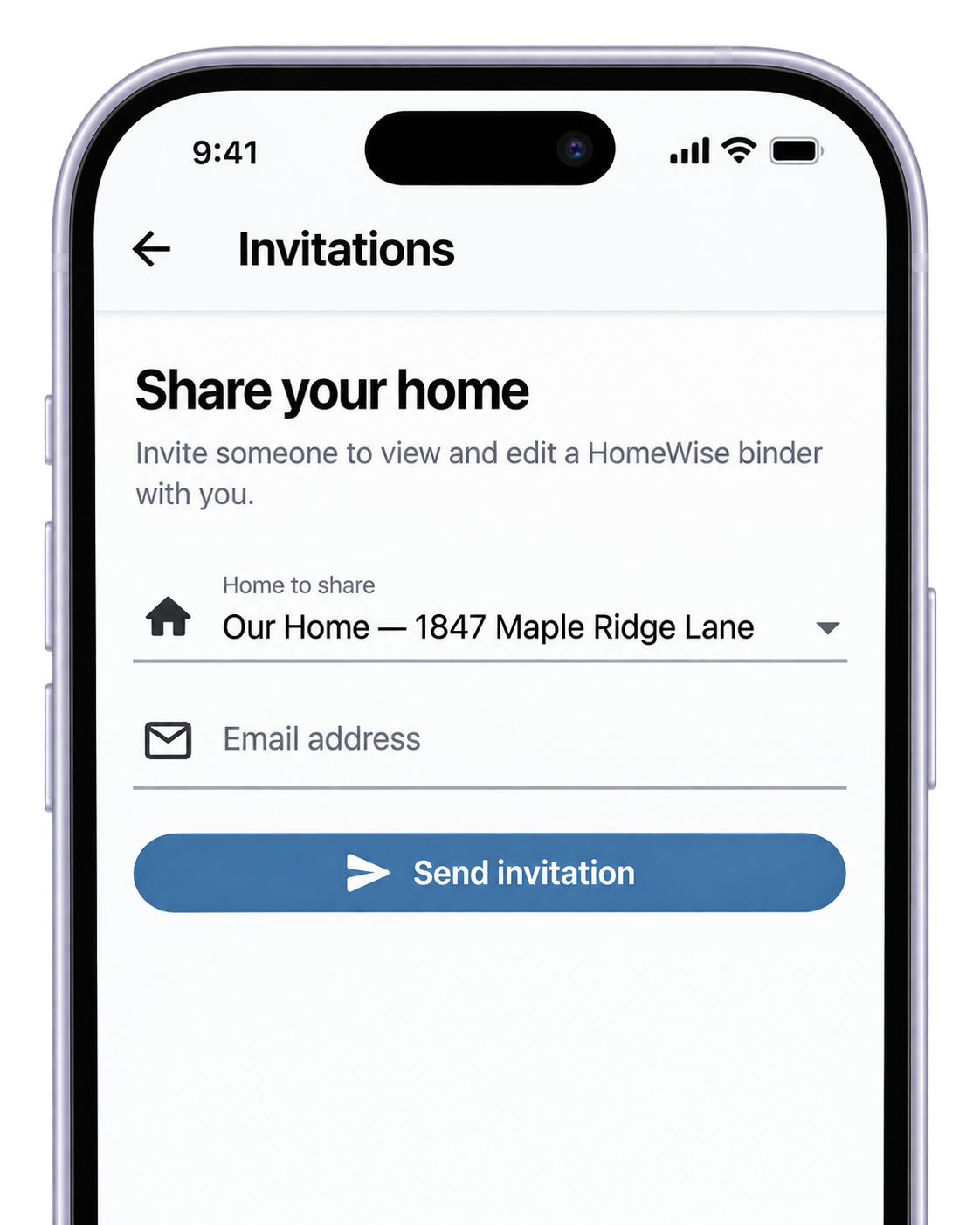 HomeWise invitations screen for sharing a home