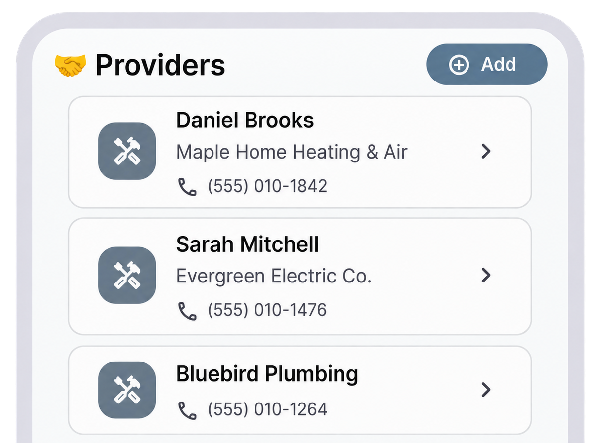 HomeWise service providers screen showing saved plumbers, electricians, and HVAC contacts
