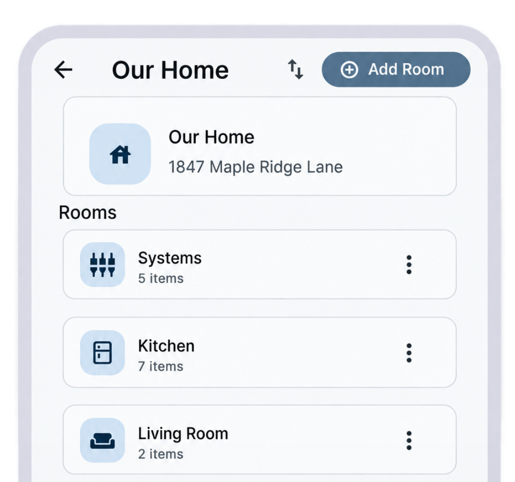 HomeWise rooms overview showing organized home sections