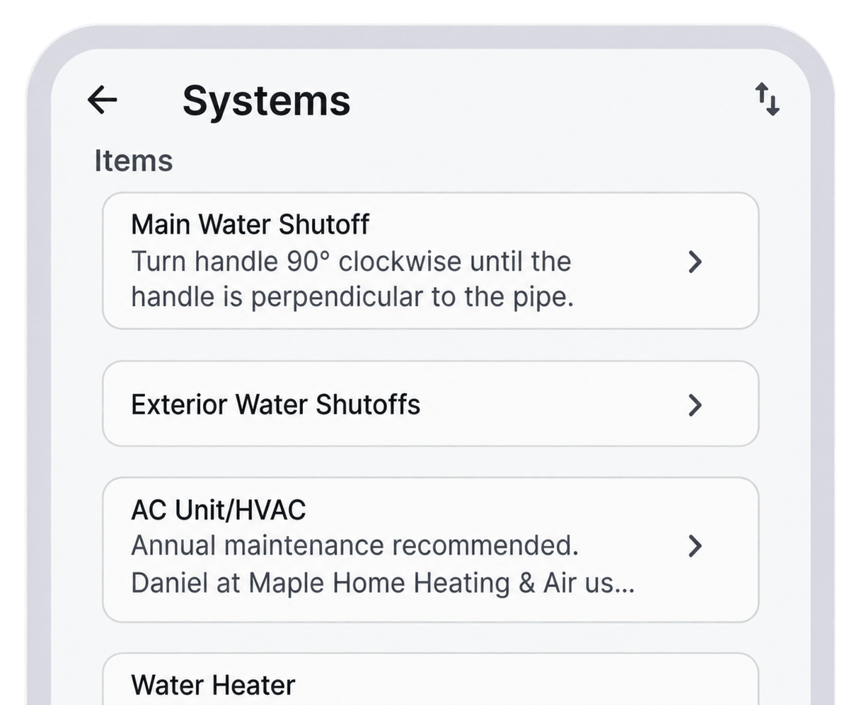 HomeWise home systems overview showing HVAC, water heater, and electrical panel details